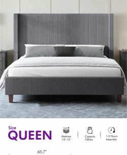 Queen Upholstered Bed Frame with Wingback Headboard