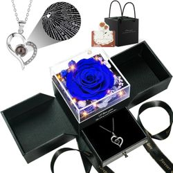 Birthday Gifts for Women, Preserved Real Roses with Heart Necklace I Love You in 100 Languages,