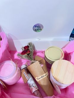 Pamper yourself with this pink bath and body gift set. Includes soothing bath salts, whipped body scrub, and moisturizing butter in pink. Packaged tho