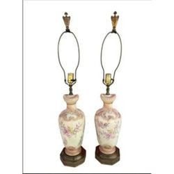 NY: Pair of Vintage Hand-Painted Porcelain Floral Table Lamps