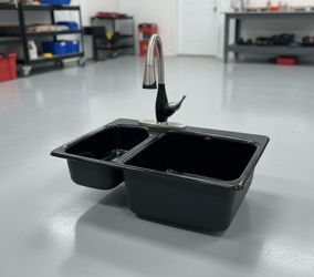 Kohler Black Enamel Cast Iron Double Bowl Drop In Sink with Faucet! Good condition! 33x22x10in Retails over $1,000