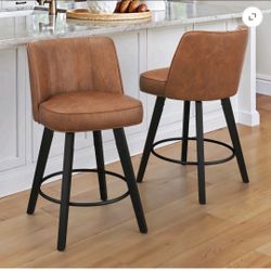 26" Counter Height Bar Stools with Back Set of 2, Swivel Leather Barstool Upholstery for Kitchen, Brown