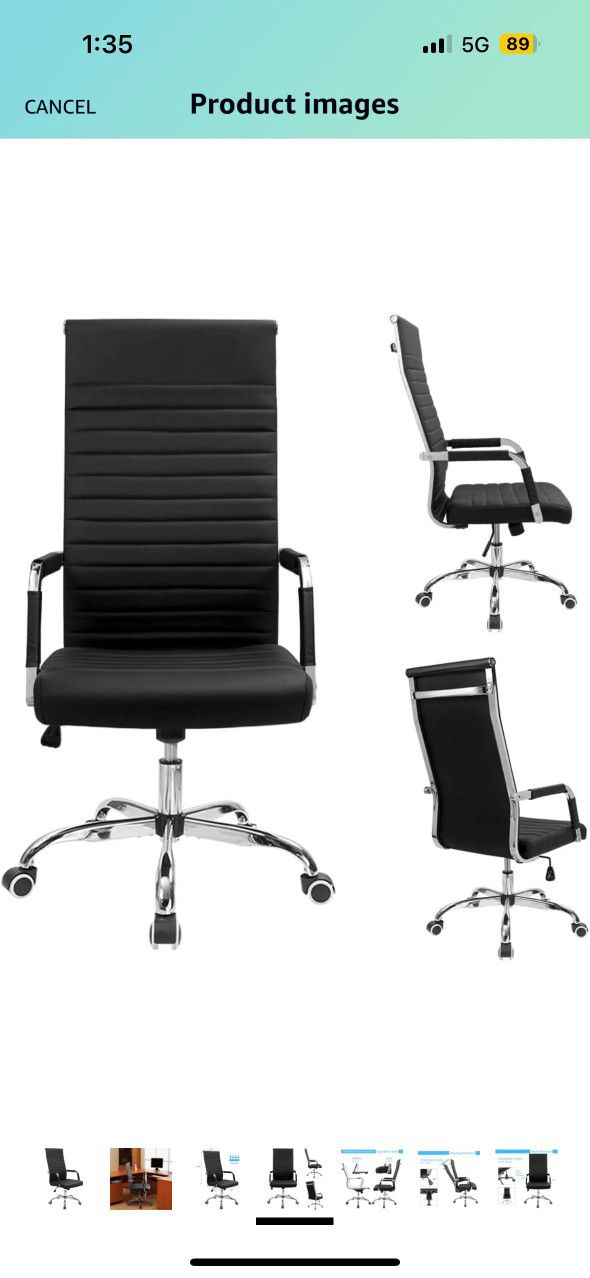 Office Computer Desk Chair, Ribbed Office Chair High Back PU Leather Executive Conference Chair Adjustable Swivel Chair with Arms