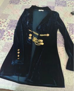 Navy Blue Velvet Blazer with Gold Chain Detail