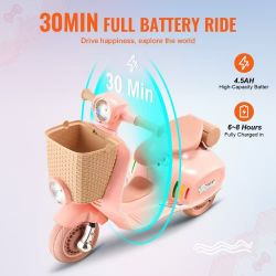 73*Kids Ride On Motorcycle, 6V Battery Powered Electric Motorcycle Trike with Speed Up to 2mph, Headlight, LED Light, Music, Bluetooth, Basket, 3 Whee