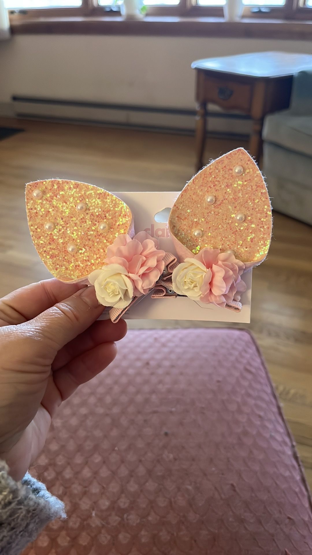 Claire’s Glittery Pink Hair Clips with Floral Accents and Pearl Bunny Ears