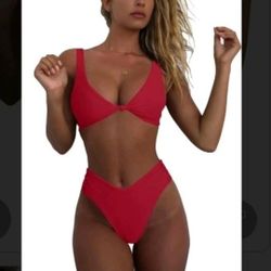Women's High-Waisted Red Bikini Push-Up Size XL Sexy V-Neck
