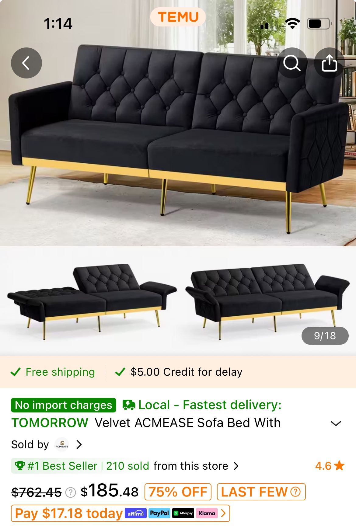 New Black Velvet Sofa