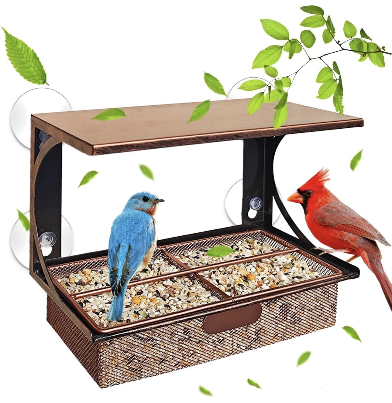 Window Bird Feeder with Strong Suction Cups, Metal Bird Feeders for Outdoors Birdwatching Gifts for Cats & Nature Lovers