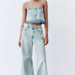 Zara retro denim skirt cut off spaghetti strap crop top XS NWT