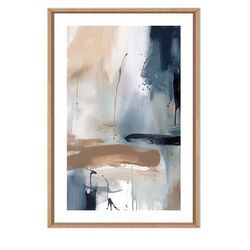 24" x 36" Blue & Brown Framed Canvas Print Abstract Wall in Faux Wood Floating Frame