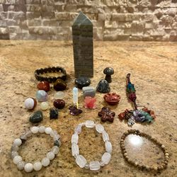 Assorted Crystals including a Large Tower, 4 Bracelets, Carvings, Tumbles, Pyrite Mushroom, Merkaba Stones
