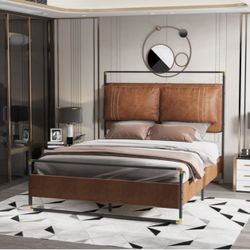 Vegan Leather Metal Bed. Brand New. Size Queen