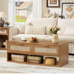 48 Inch Farmhouse Coffee Table with 2 Woven Drawers