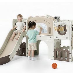 Arlopu 10-in-1 Large Toddler Slide Set, Kids Slide Climber Playset with Drawing Board, Basketball Hoop, Sturdy Baby Playground, Indoor Outdoor Playhou