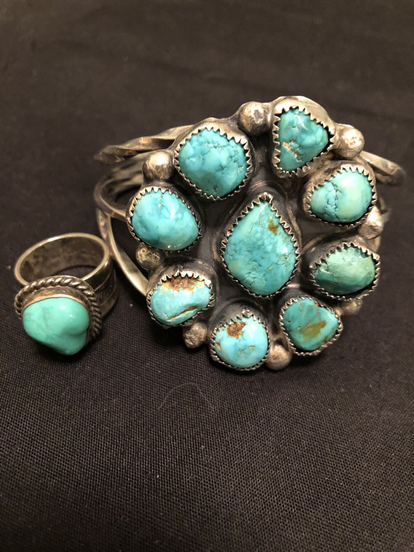 Large turquoise and sterling silver cuff bracelet and ring size 6 true Navajo set