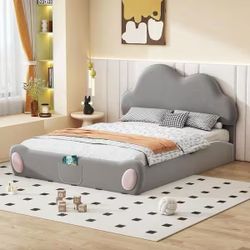 Gray Wood Frame Queen Size Platform Bed with Rounded Footboard and Pocket