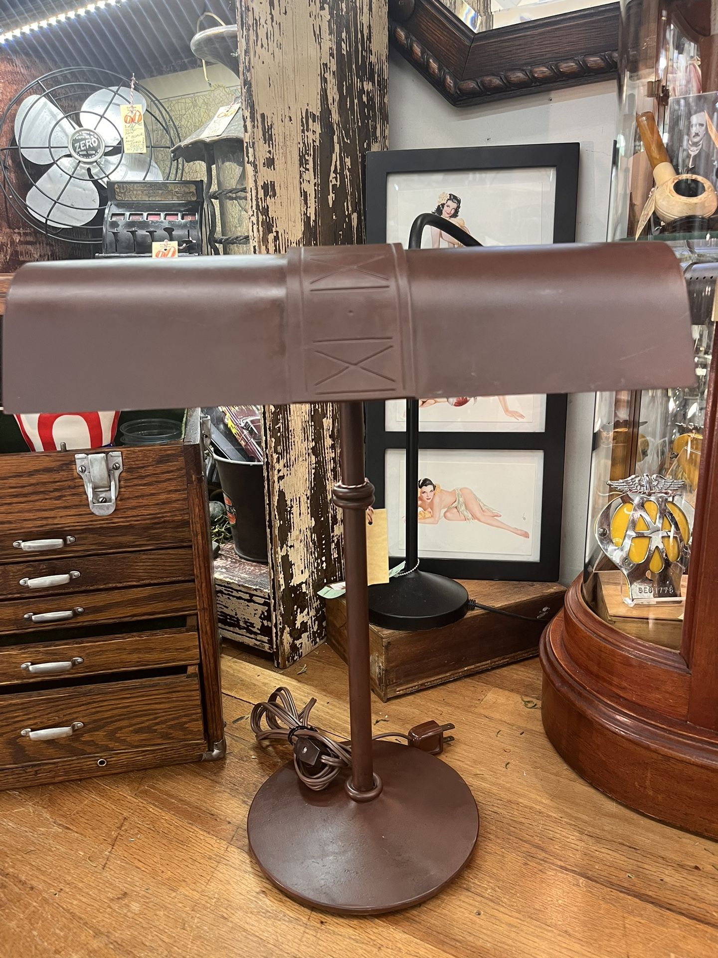 Heavy Bronze Lamp- With Green Glass