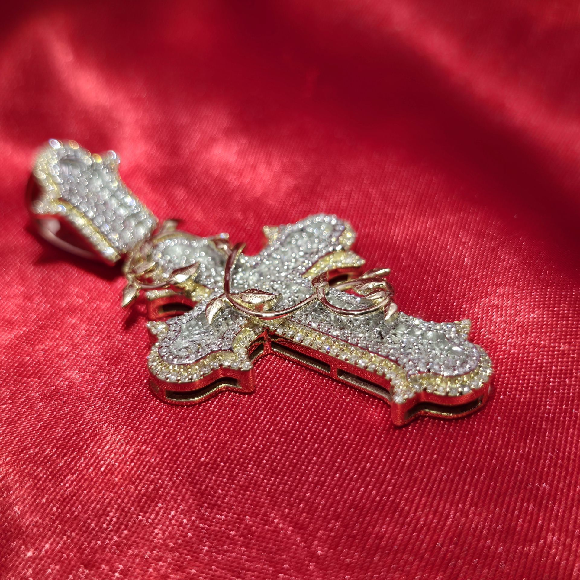 10k Yellow Gold Diamond Leaf Cross Pendant 1.45 ctw