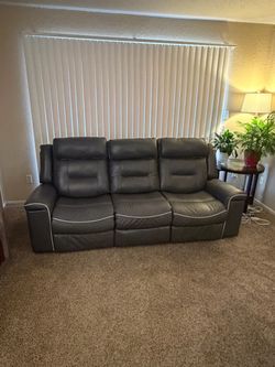 Gray Leather Reclining Sofa 3-Seater