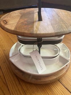 3 tiered charcuterie board apps display with solid wood, metal and ceramic