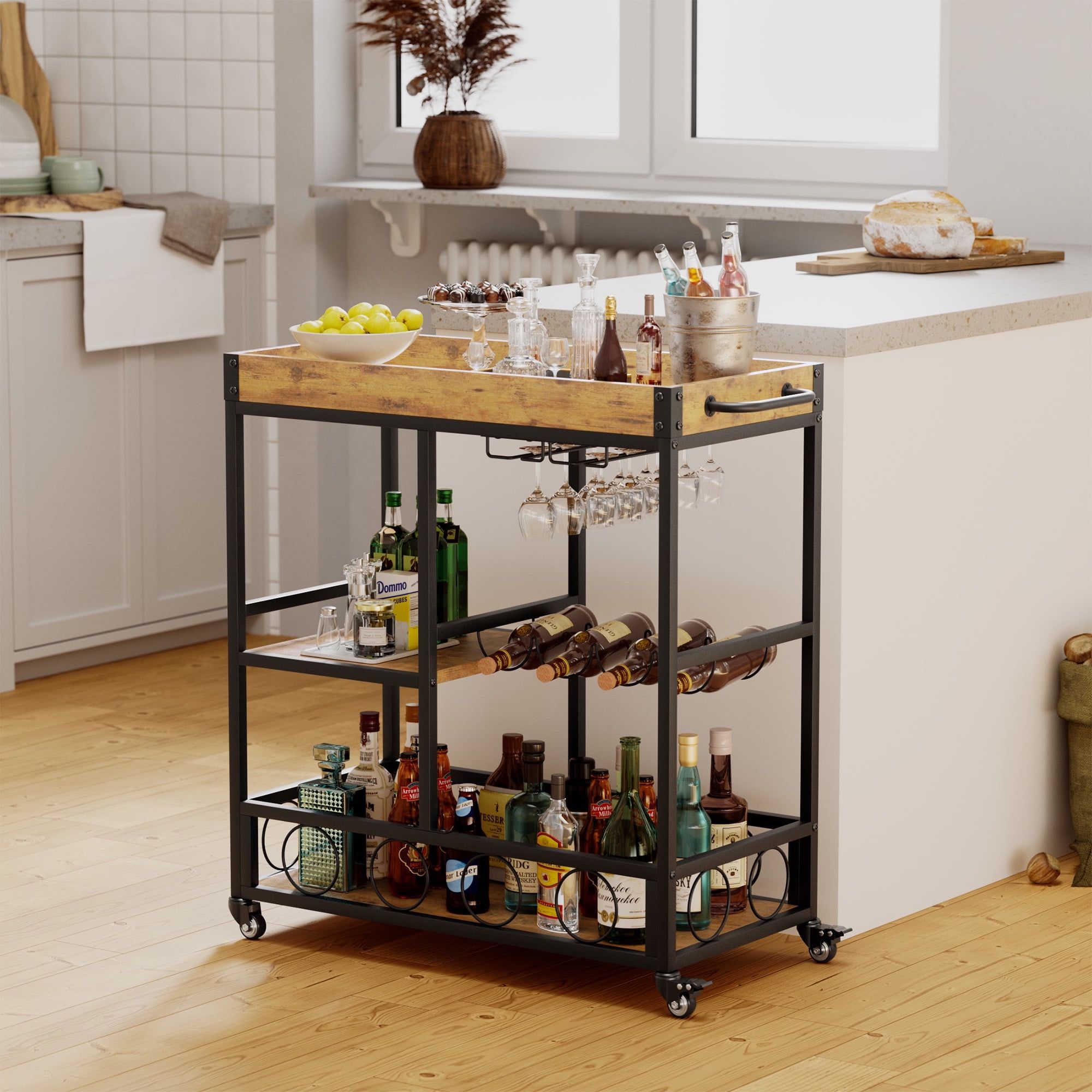 New Bar Cart 3 layers removable storage tray with wine rack, glass
