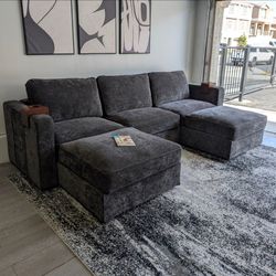 Lovesac Modular Gray Charcoal Corded Velvet Sectional Sofa with 2 Ottomans - Free Delivery