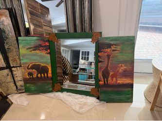 Cute kids safari room themed art + monkey mirror $10 each - $30 total