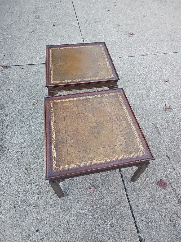 2 Matching Mahogany Leather Top tables 1950s Mid Century 