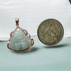 Real Natural Grade A Jade Laughing Buddha Pendant 925 Sterling Silver Rose Gold Plated