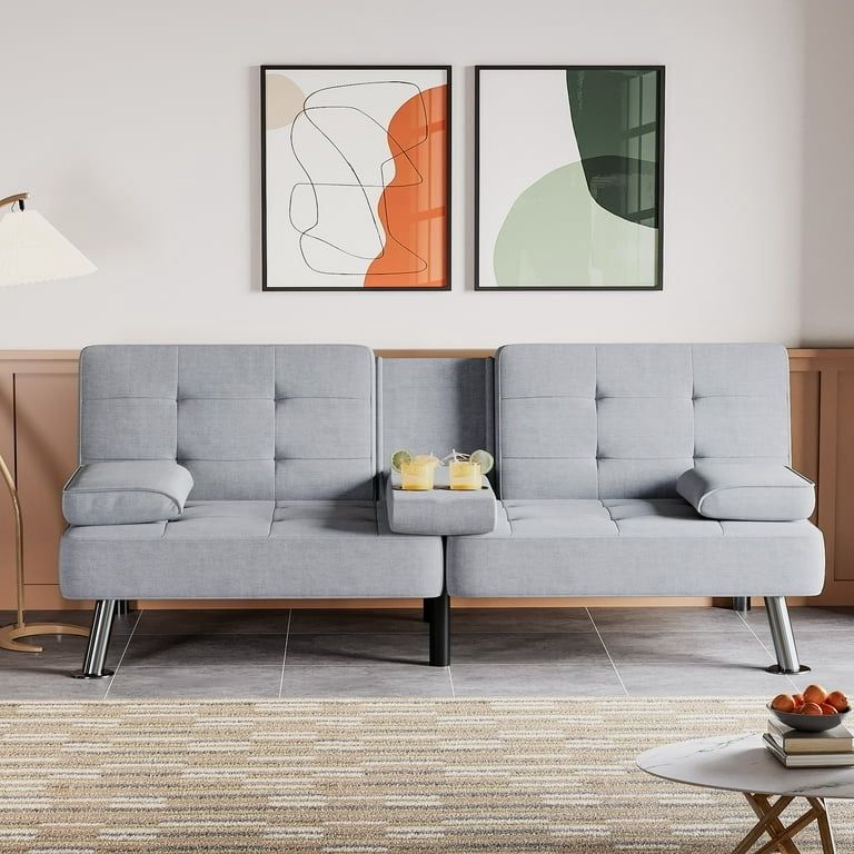 New Modern Fabric Folding Futon Sofa Bed Set Recliner for Living Room with 2 Cup Holders, Removable Armrests (Fabric, Grey) New in box FS203F0L4C Wei