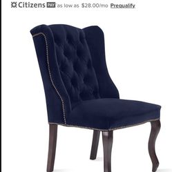 Z Gallerie blue velvet tufted wingback chair, nailhead trim.
