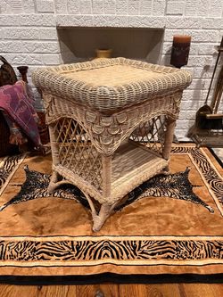 Vintage Wicker Side Table with Lower Shelf