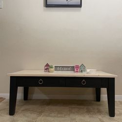 Refinished Solid Wood Coffee Table | Whitewashed Top | Dixie Belle | Gold Ring Hardware