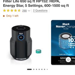 Shark Never Change Air Purifier 5-Year Filter Life 650 sq ft HP152: HEPA, Energy Star, 5 Settings, 600-1500 sq ft