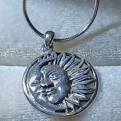 Sterling Silver Cresent Moon & Sun Pendant Necklace 