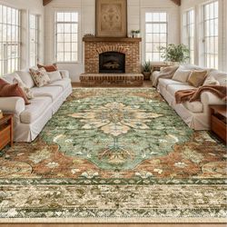 Area Rugs 9'x12' Washable Non-Slip, Floral Vintage Distress Print Pattern