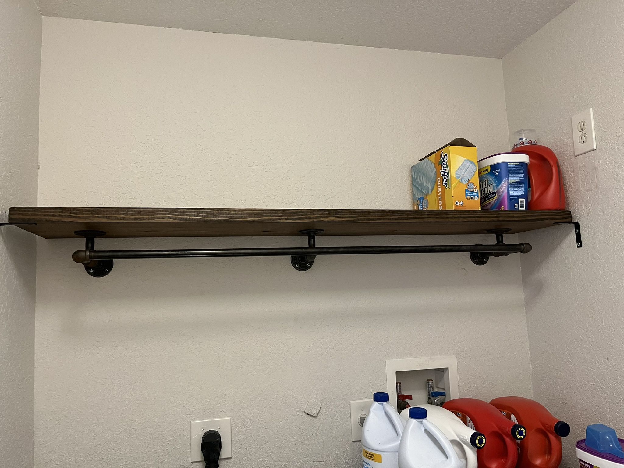Laundry Room Wood Shelf Industrial Organizer With Iron Rods Rustic Home Decor