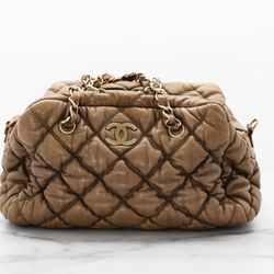 Chanel Bubble Quilt Bowler Brown Leather Bag 