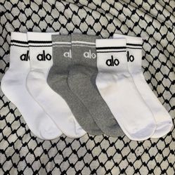 3 Pack Alo Yoga Unisex Throwback Socks White Grey Brand New