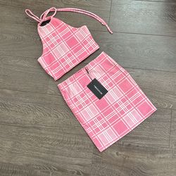 Pink Plaid Halter Top Skirt Set