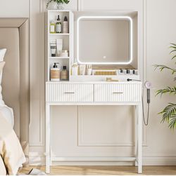 Makeup Vanity with LED Lighted Mirror, Vanity Desk with Tri-Color Adjustable Brightness, 2 Drawers and 3 Storage Shelves Ideal for Bedroom, White