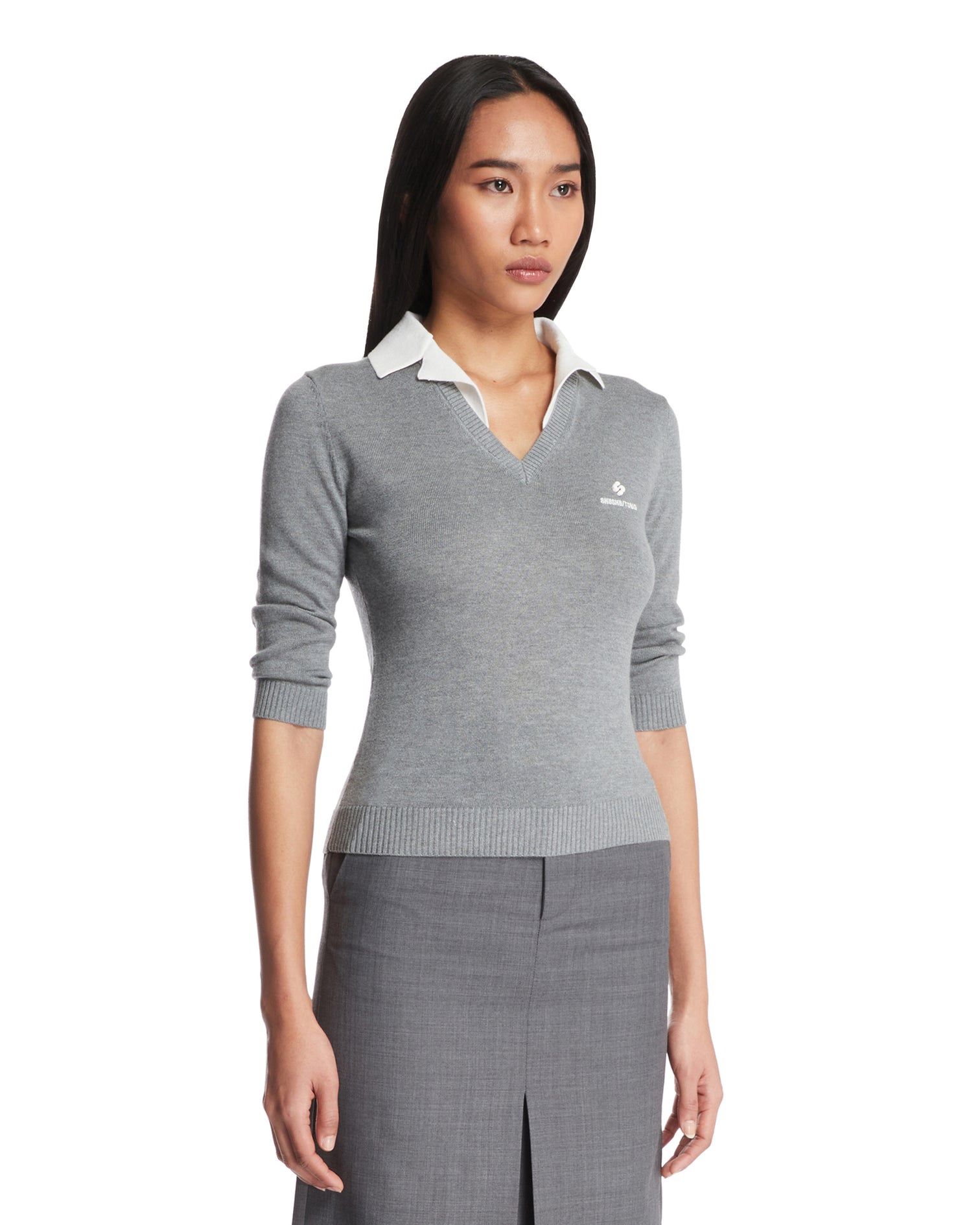 SHUSHU/TONG Gray Contrast Collar Sweater New