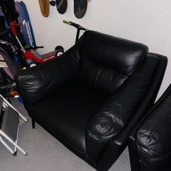 Black Genuine Leather Sofa, Chair & Ottoman – Excellent Condition