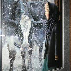 NANCY NOEL Art Print DECEMBER Farm Cows AMISH GIRL Snow FRAME Matted 30¾"Tx26¾"L