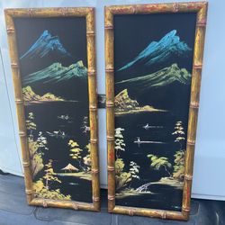 Pair of Vintage Wall Panels featuring Hand-Painted Landscape Scenes framed in Faux Bamboo Frames Mid Century