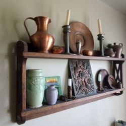 Collection Of Craftsman 1900 Antiques Wall Shelf Oak Hammered Copper Pottery Roseville Candlesticks Tile