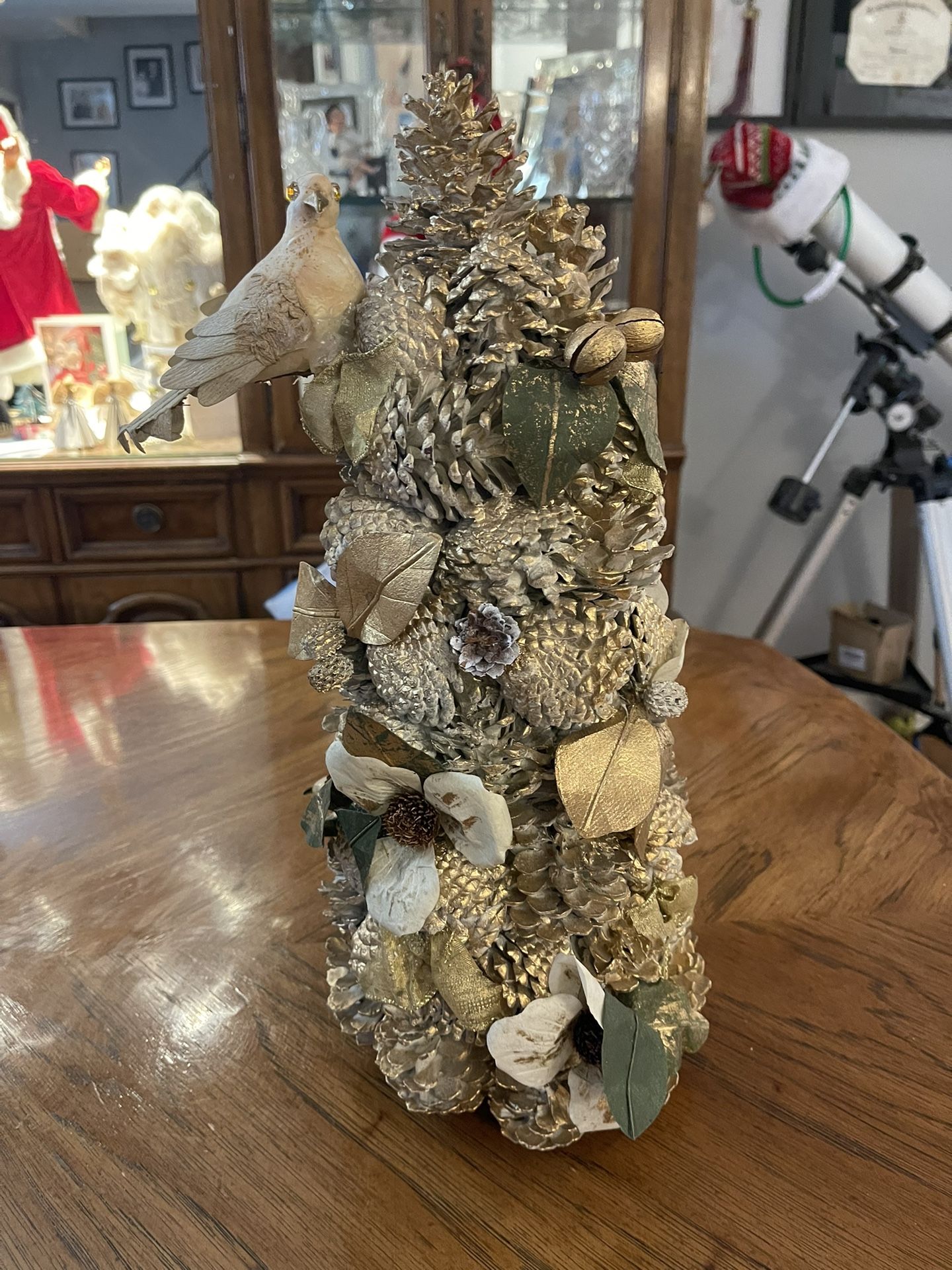 Elegant Gold 16” Pinecone Christmas Tree with Perching Bird - Christmas, Winter, or Holiday Decor