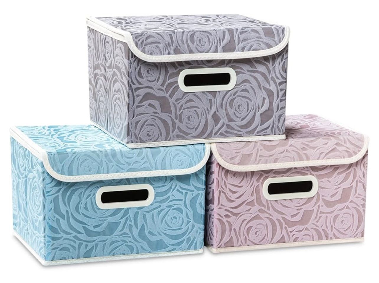 3 Pack Collapsible Storage Boxes with Lids Fabric Decorative Storage Bins Cubes Organizer Containers Baskets with Cover Handles Divider for Bedroom Cl