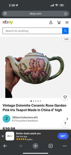 Vintage Dolomite Ceramic Rose Garden Pink Iris Teapot 6"